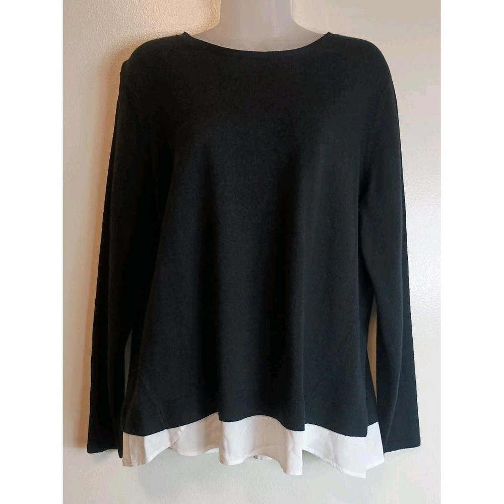 J.Jill Sweater Top Petite Medium Black Layered Hem Button Back Cotton Blend NWT